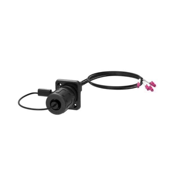 SO4DL black fiber optic cable with a waterproof connector and two pink-tipped LC connectors on white background.
