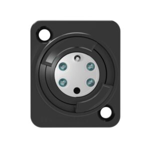 The SO4DL is a black rectangular plate with a silver circular connector, four screws, and two mounting holes on opposite corners.