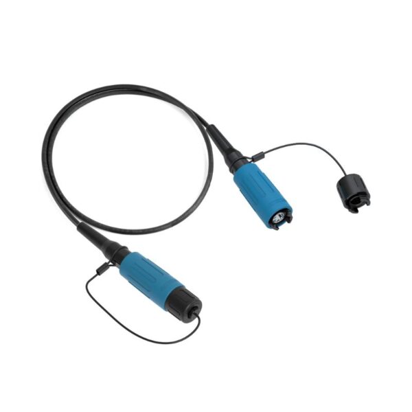 Black SO4L cable with blue waterproof connectors at both ends, each with a protective cap on a short cord.