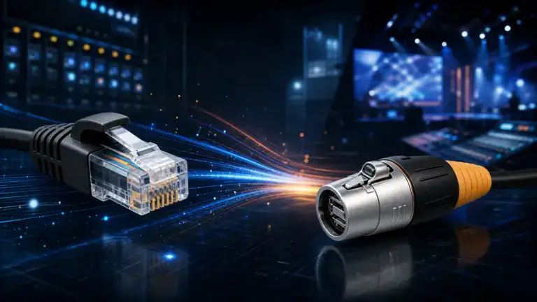 Close-up of fiber optic and RJ45 connectors highlighting differences in design and application for network connectivity.